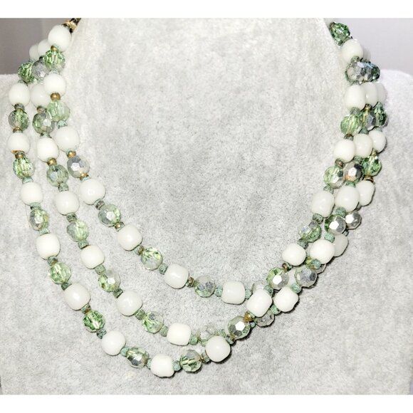 Vintage 60s Mint Green Crystal & Milk Glass Triple Strand Necklace Adjustable - Picture 1 of 6